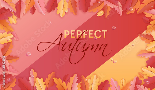 Autumn Background Template with Beautiful Leaves and Raindrops  Fall Illustration with Paper Art for Web Banner  Card Template  Wallpaper  Cover  Invitation in vector