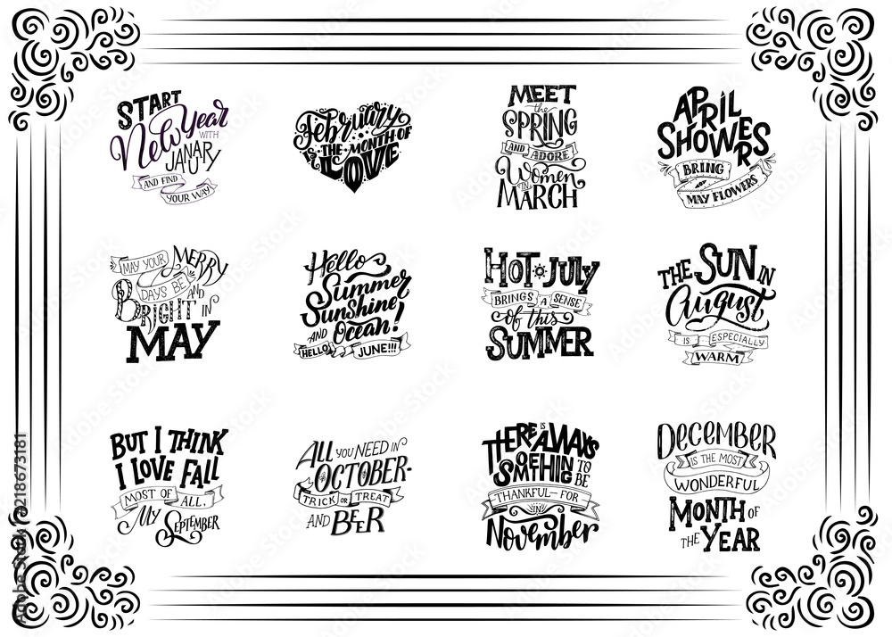 Set of compositions for every months, calendar template. Hand drawn lettering quotes for calendar design, illustration Stock Vector | Adobe Stock