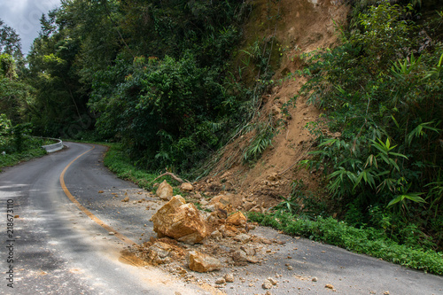 Thailand, Chiangrai - Chiangmai road. Rockfall after the flood