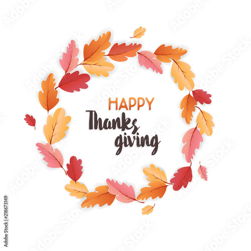 Happy Thanksgiving Holiday typography poster with wreath. Celebration text with Autumn leaves Background for postcard  template  cover  banner in Vector