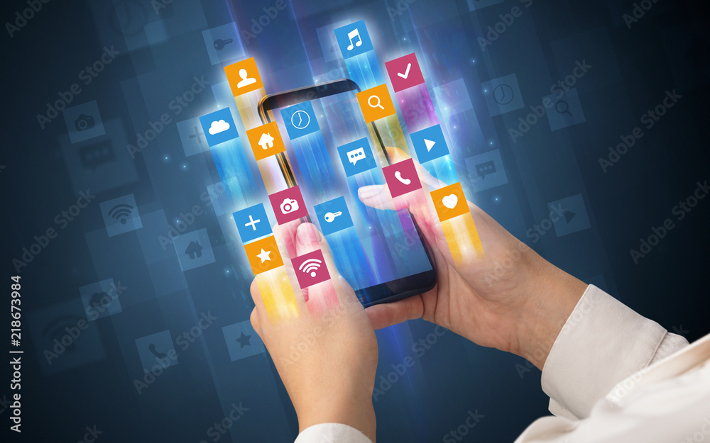 Female hand using smartphone with colorful angular fast switching application icons around Female hand using smartphone with colorful angular fast switching application icons around