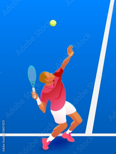 Vector illustration of a male tennis player making a serve on a hard court