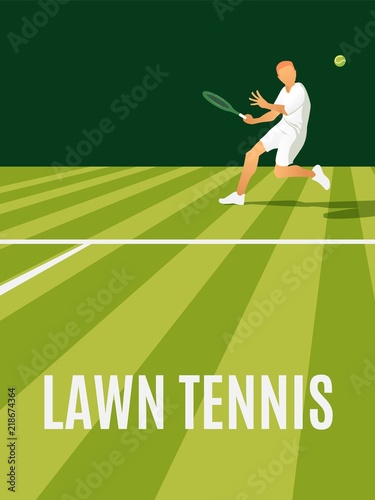 vector illustration of a male tennis player returning a serve on a grass court