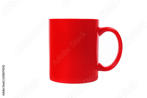 Red ceramic coffee mug isolated on white background. Front view