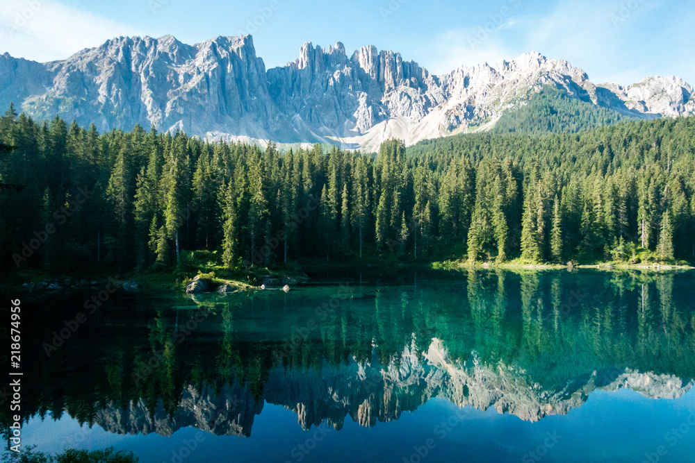 Lake Carezza in front of Latemar group mountains