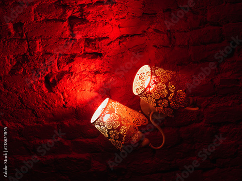 Red Retro Lights Providing Sexy Ambient Atmosphere with Blank Background of Bricks