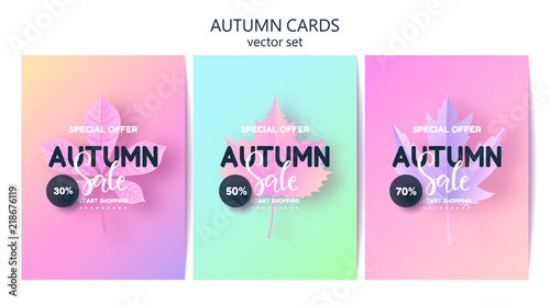 Trendy autumn background with leaves. Gradient leaf coloring. Sale banner template Fall seasonal poster or card. Card set .Vector illustration