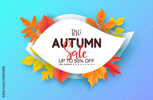 Autumn sale poster with colorful leaves . Vector illustration for banners, posters, email and newsletter designs, ads, coupons, promotional material.