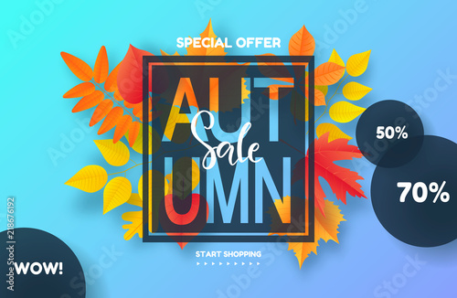 Autumn sale poster with colorful leaves . Vector illustration for banners, posters, email and newsletter designs, ads, coupons, promotional material.