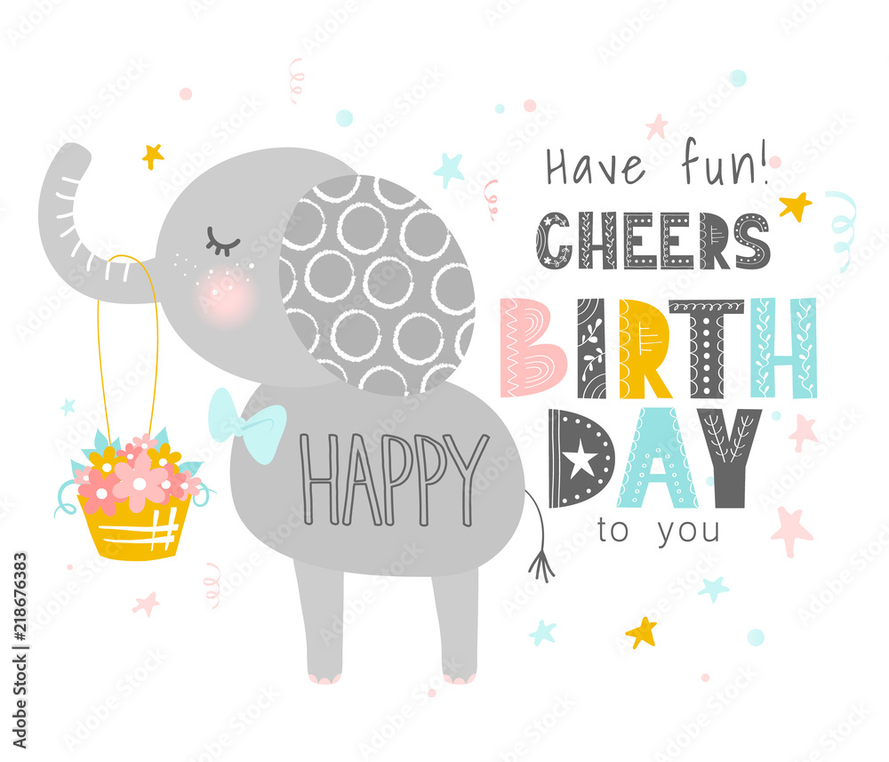 Cute Elephant With A Basket Of Flowers Happy Birthday Greeting Card Banner Poster Scandinavian Style Flat Design Concept For Children Print Vector Illustration Stock Vector Adobe Stock