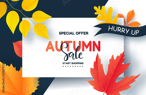 Autumn sale poster with colorful leaves . Vector illustration for banners, posters, email and newsletter designs, ads, coupons, promotional material.