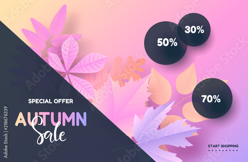 Trendy autumn background with leaves. Gradient leaf coloring. Sale banner template Fall seasonal poster or card. Vector illustration
