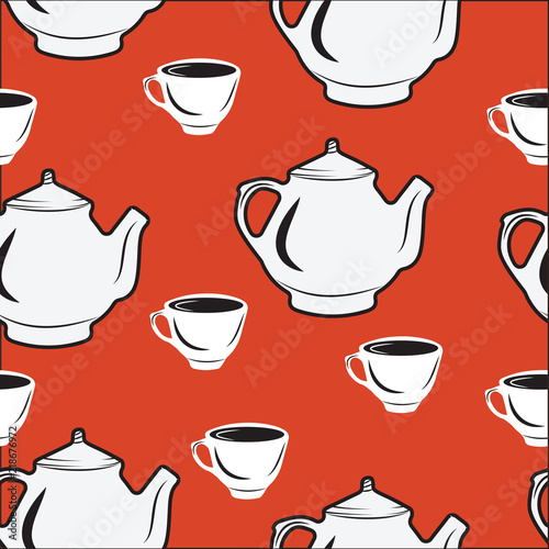 Seamless pattern, teapot with cup on red background