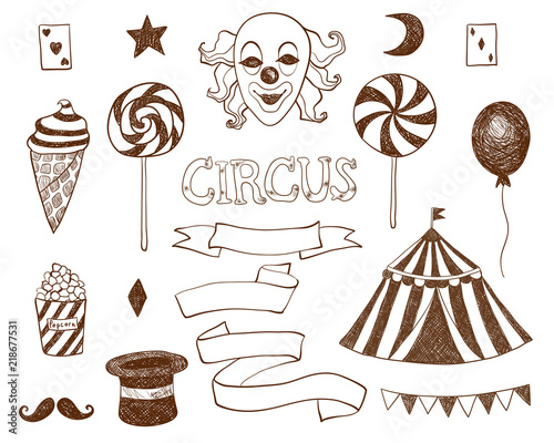 Circus vector set on white isolated background. Circus tent, moon, balloon, ribbon, clown, hat, ice cream, popcorn, lollipops