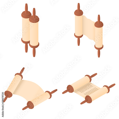 Torah scroll book bible shavuot icons set. Isometric illustration of 4 Torah scroll book bible shavuot vector icons for web
