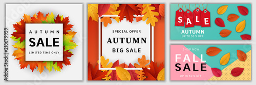 Autumn sale leaves. Halloween and Thanksgiving fall season banner concept set. Realistic illustration of 4 Autumn sale leaves. Halloween and Thanksgiving fall season vector banner concepts for web