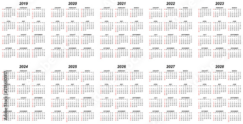 Ten years simple editable vector calendars for year 2019 2020 2021 2022 2023 2024 2025 2026 2027 2028 sundays in red first