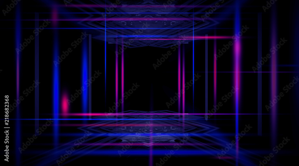 Fototapeta premium Background of an empty black corridor with neon light. Abstract background with lines and glow
