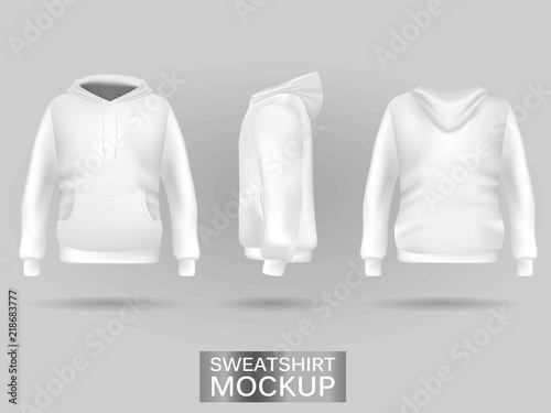 White sweatshirt hoodie without zip template in three dimensions: front, side and back view, realistic gradient mesh vector. Clothes for sport and urban style