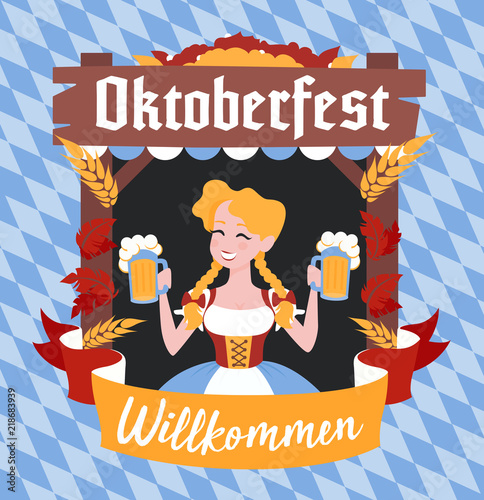 Oktoberfest banner with funny cartoon character in a wreath