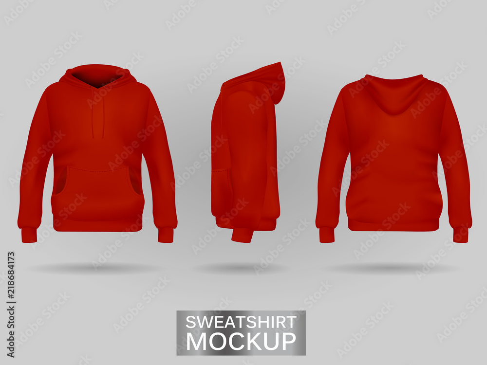 Red sweatshirt hoodie without zip template in three dimensions front