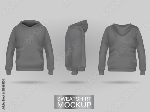 Grey sweatshirt hoodie without zip template in three dimensions: front, side and back view, realistic gradient mesh vector. Clothes for sport and urban style