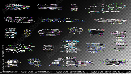 Glitch elements set. Computer screen error templates. Digital pixel noise abstract design. Poster design pixel details. Glitches collection. TV signal fail. Data decay. Technical problem grunge.
