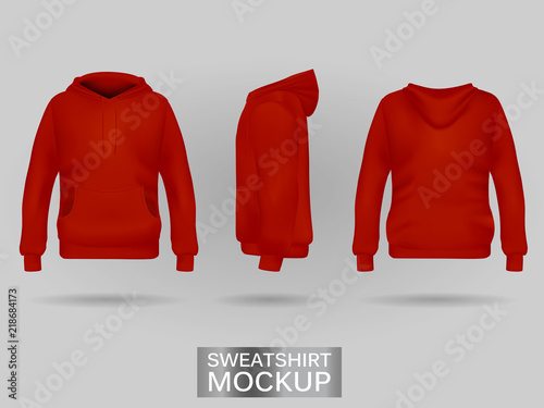 Red sweatshirt hoodie without zip template in three dimensions: front, side and back view, realistic gradient mesh vector. Clothes for sport and urban style