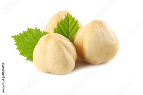 hazelnuts with leaves isolated on white background. macro