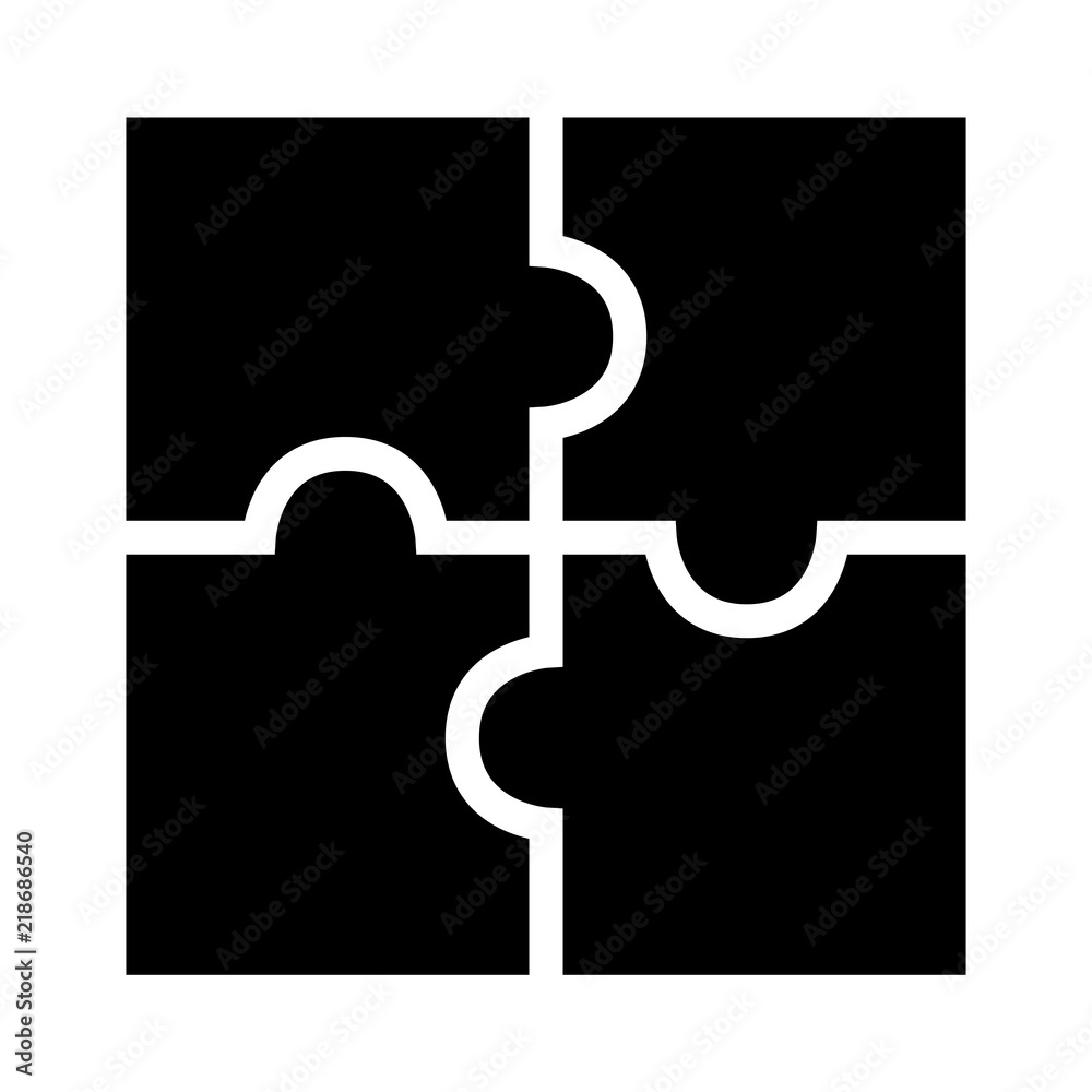 Minimalist, square puzzle icon. Black silhouette. Four pieces. Isolated on  white Stock Vector | Adobe Stock