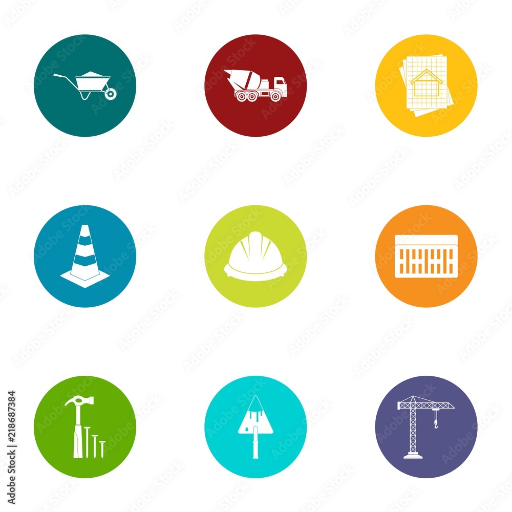 Concrete mixer icons set. Flat set of 9 concrete mixer vector icons for web isolated on white background