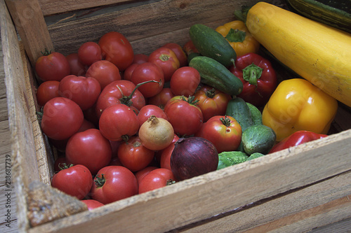 Harvested vegetables in the wooden box