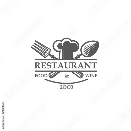 black restaurant label with chef hat, crossed spoon and fork isolated on white background