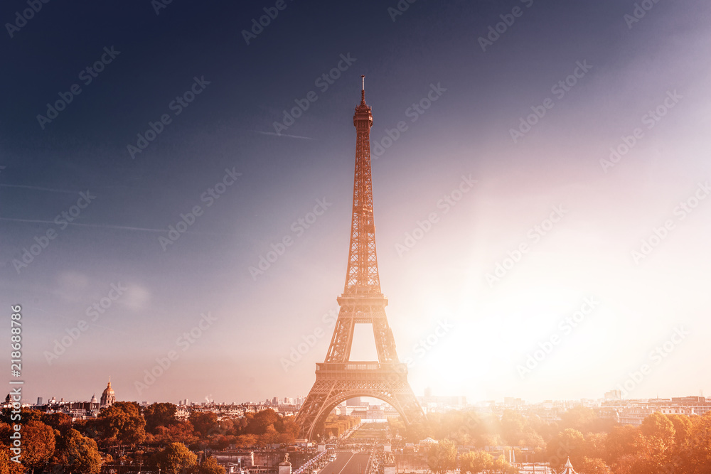 Paris cityscape with Eiffel Tower at sunset
