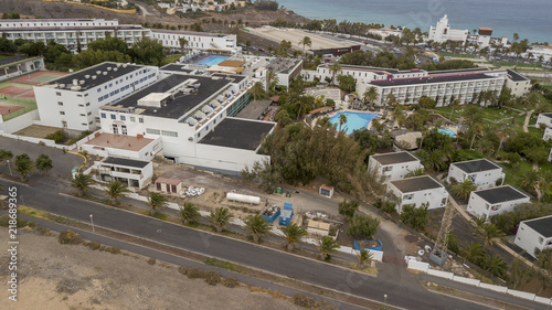 Aerial shot of seaside resort in Fuerteventura, Canary Islands