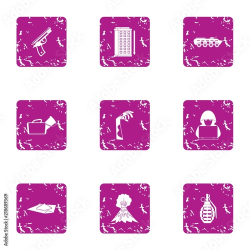Urban attack icons set. Grunge set of 9 urban attack vector icons for web isolated on white background