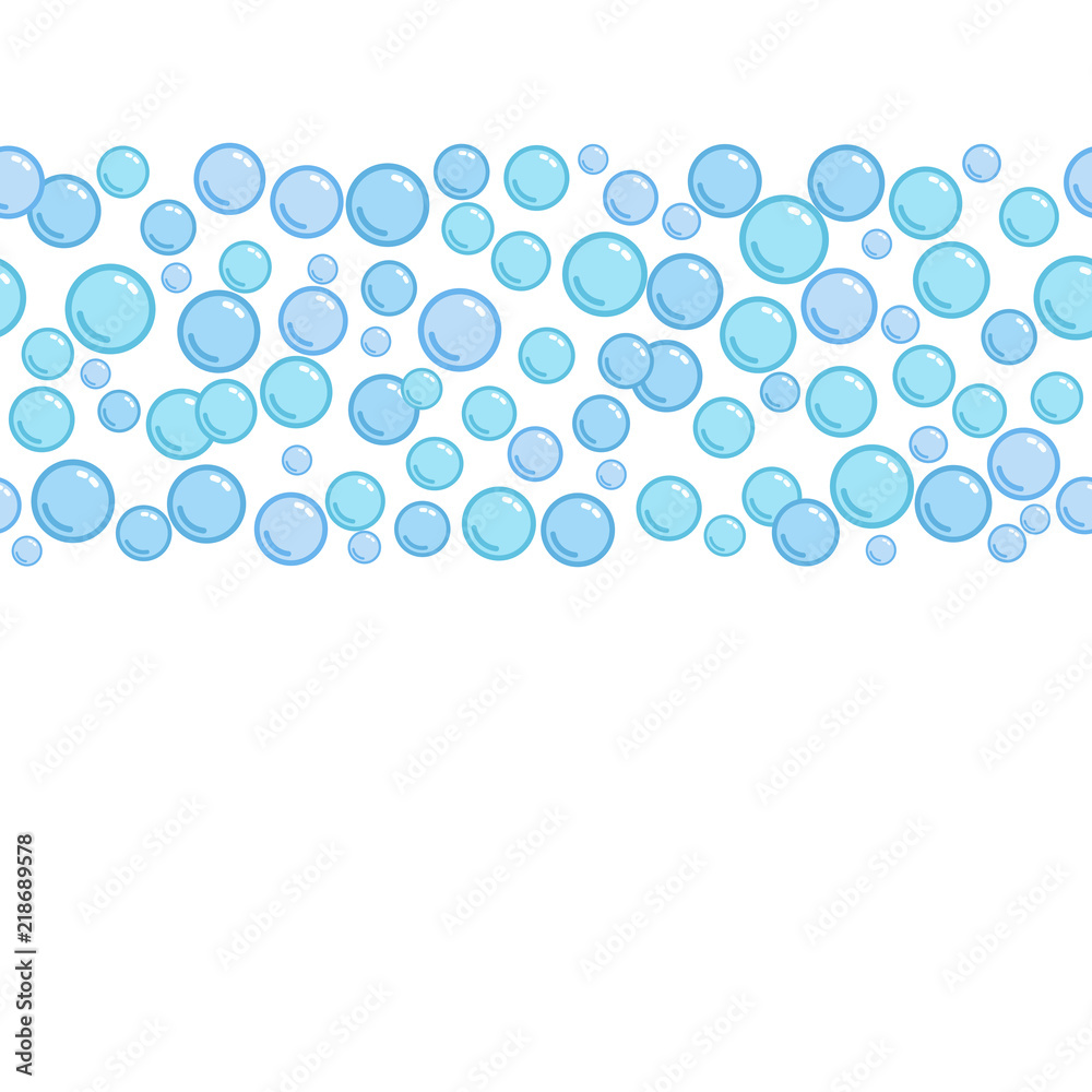 Horizontal decorative line with soap bubbles, background with water beads, blue blobs, vector foam illustration