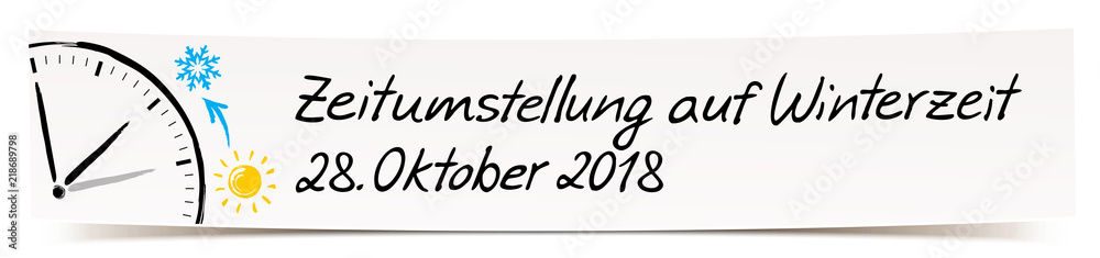 Memo - Zeitumstellung Winterzeit 2018, Banner mit Handschrift und Uhr