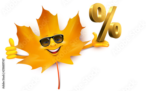 Cartoon Herbstblatt mit Sonnenbrille und Prozentzeichen, Daumen hoch!