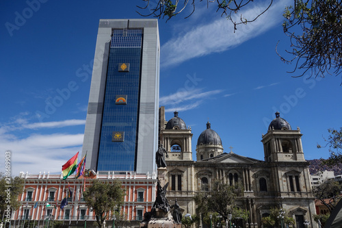 VIew of the new government presidential palace towering over Plaza Murillo in downtown La Paz, Bolivia photo