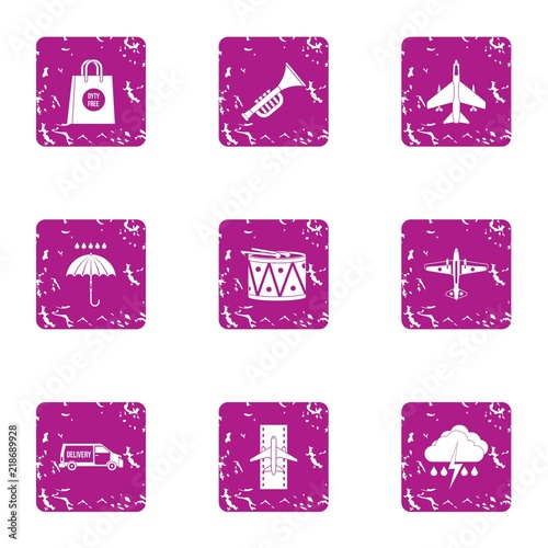 Aviatransportation icons set. Grunge set of 9 aviatransportation vector icons for web isolated on white background