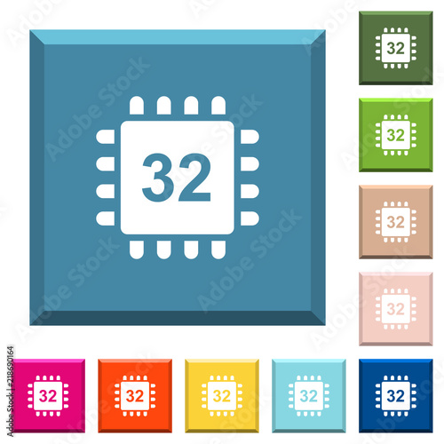 Microprocessor 32 bit architecture white icons on edged square buttons