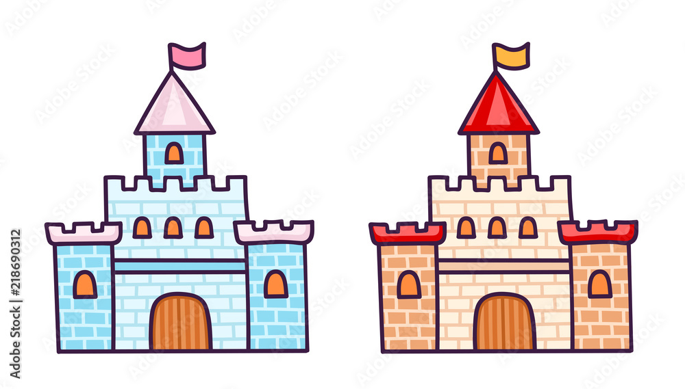 Cartoon castles for little princess. Sticker, patch, badge and pin for kids, children and babies. Vector illustration