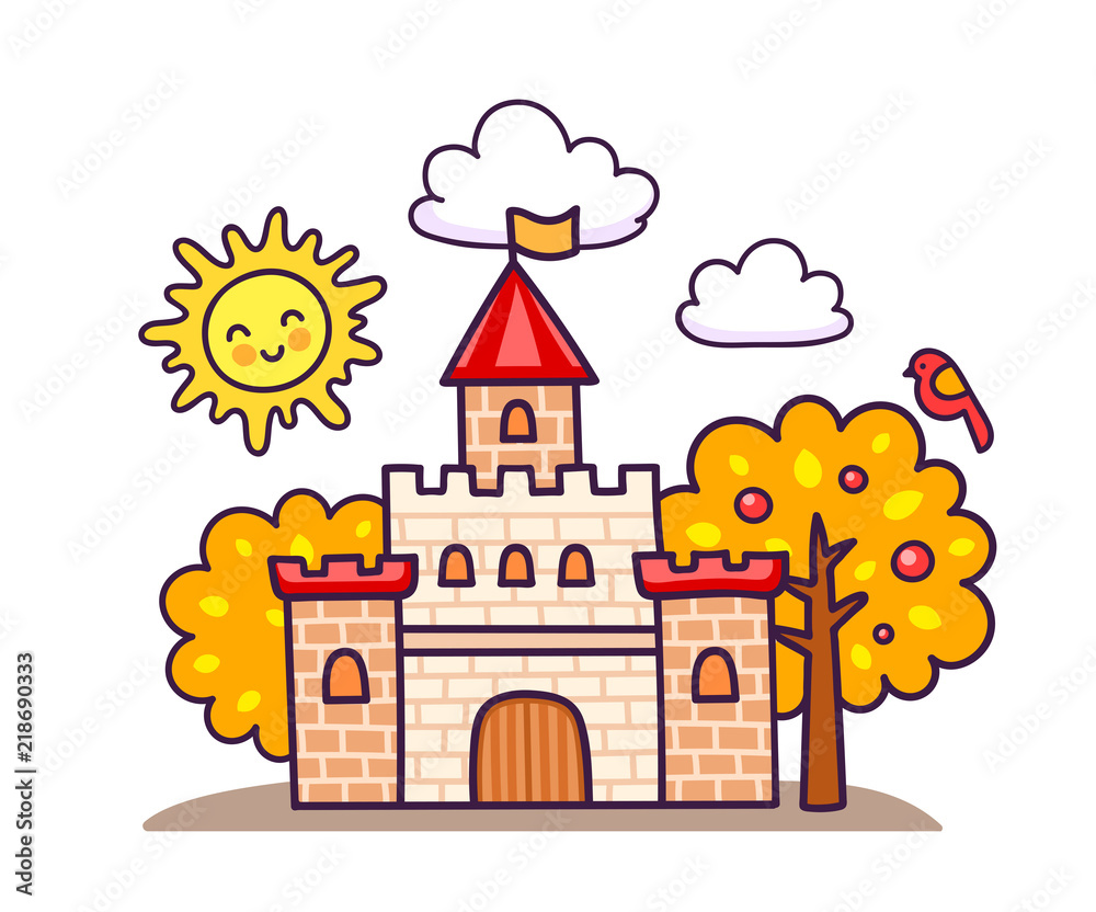 Cartoon castle with autumn trees. Sticker, patch, badge and pin for kids, children and babies. Vector illustration.