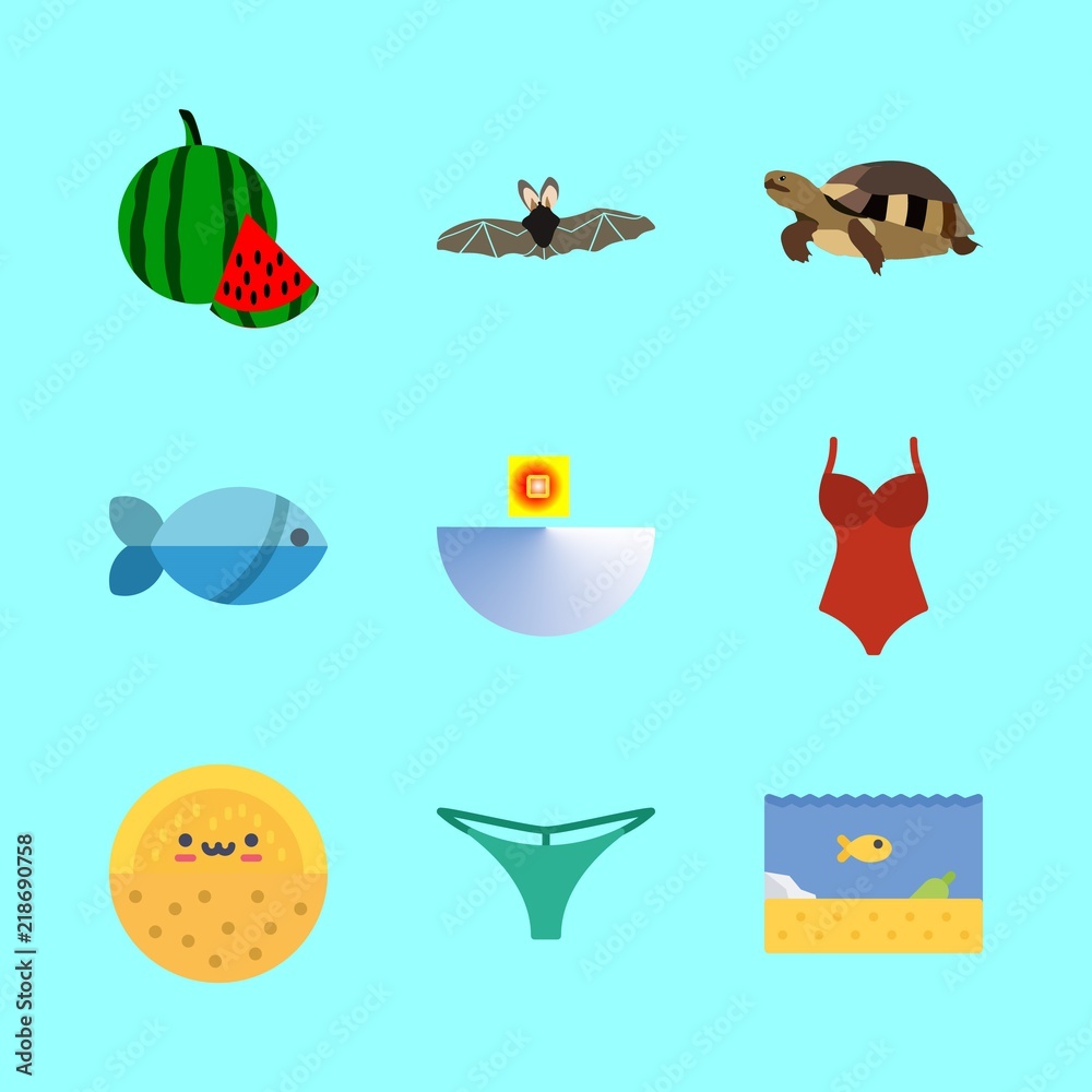 tropical vector icons set. melon, swimsuit, bat and turtle in this set