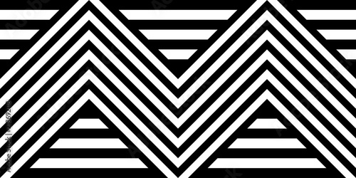 Seamless pattern with striped black white straight lines and diagonal inclined lines (zigzag, chevron). Optical illusion effect, op art. Vector vibrant decorative background, texture.