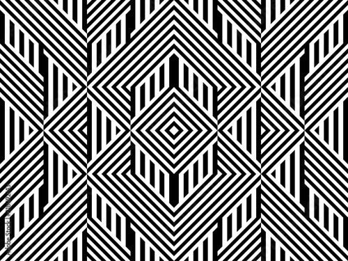 Seamless pattern with striped black white straight lines and diagonal inclined lines (zigzag, chevron). Optical illusion effect, op art. Background for cloth, fabric, textile, tartan.