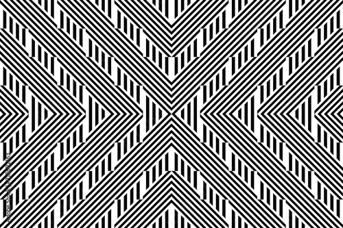 Seamless pattern with striped black white straight lines and diagonal inclined lines (zigzag, chevron). Optical illusion effect, op art. Background for cloth, fabric, textile, tartan.