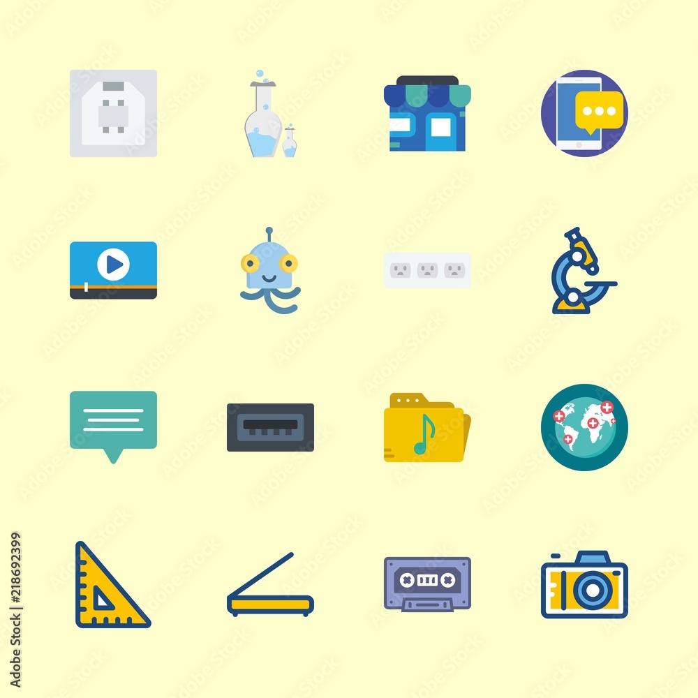 technology vector icons set. socket, video player, music folder and cassette in this set technology vector icons set. socket, video player, music folder and cassette in this set