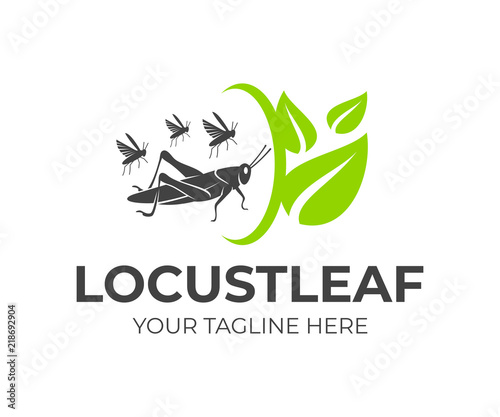 Locust and flock of grasshoppers with leaves and rotation, logo design. Agriculture and agricultural, farm and farming, food and plant, animal and insect, vector design and illustration
